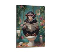 Funny Monkey Bathroom Canvas Wall Art Monkey Sitting On The Toilet Reading Newspaper Poster Print Humorous Animals Picture Tropical Rainforest Painting Artwork Wall Decor for Bathtoom12x18inch(30x45cm
