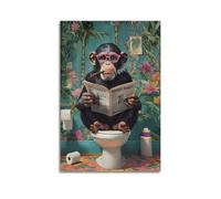 Funny Monkey Bathroom Canvas Wall Art Monkey Sitting On The Toilet Reading Newspaper Poster Print Humorous Animals Picture Tropical Rainforest Painting Artwork Wall Decor for Bathtoom20x30inch(50x75cm