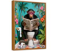 Funny Monkey Bathroom Framed Canvas Wall Art Monkey Reading the Newspaper on Toilet Painting Prints for Wall Poster Humor Animal Pictures for Kids Room WC Toilet Decor 30x40cm (No Acrylic Glass)