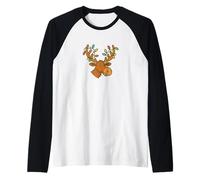 Funny Moose with Tangled Christmas Lights in Festive Antlers Raglan Baseball Tee