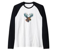 Funny Moose with Tangled Christmas Lights in Festive Antlers Raglan Baseball Tee