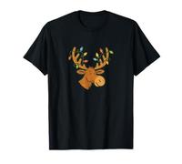 Funny Moose with Tangled Christmas Lights in Festive Antlers T-Shirt