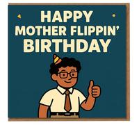 Funny Moss It Crowd Birthday Card - 'Happy Mother Flippin' Birthday' Cartoon Design with Party Hat and Thumbs Up, Bold Teal Background