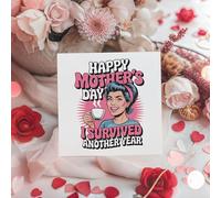 Funny Mother's Day Card Square | I Survived Another Year Retro Comic Style Greeting for Mom Mummy Step-Mom | Humorous Vintage Coffee Joke for Mother - 187