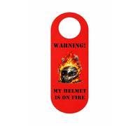 Funny Motorcycle Door Hanger Sign “Warning! My Helmet Is On Fire” - Biker Humor Door Handle Sign - Novelty Motorcycle Rider Gift for Garage, Man Cave or Bedroom, Pack of 4