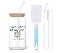 Funny Mug for Work Colleagues, Excel-Lent at My Job I Know My Sheet Glass Iced Coffee Cup 16oz, Funny Office Gifts for Boss Accountant, Work Bestie Gifts for Women with Lid Straw
