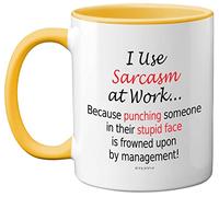 Funny Mugs for Men Women - I Use Sarcasm at Work - Work Desk Novelty Mugs for Work Colleagues, Secret Santa Funny Gifts, Gift Christmas Birthday Present Idea, 11oz Dishwasher Safe Yellow Handle Mug