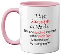 Funny Mugs for Men Women - I Use Sarcasm at Work - Work Desk Novelty Mugs for Work Colleagues, Secret Santa Funny Gifts, Gift Christmas Birthday Present Idea, 11oz Dishwasher Safe Pink Handle Mug