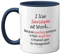 Funny Mugs for Men Women - I Use Sarcasm at Work - Work Desk Novelty Mugs for Work Colleagues, Secret Santa Funny Gifts, Gift Christmas Birthday Present Idea, 11oz Dishwasher Safe Navy Handle Mug