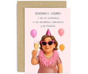 Funny Mum Birthday Cards, Hilarious and Fabulous 'Birthday Agenda' Design, Humorous Gift for Female Adult, For Nan Sister Bestie Colleague Coworker, Blank Inside
