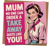 Funny Mum Mother’s Day Card - Takeaway Joke Retro Greeting - 145mm x 145mm Square Card with Kraft Envelope, for Birthday, Mothering Sunday, from Son or Daughter