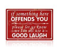 Funny Music Metal Sign - If Something Here Offends You Please Let Us Know We Can All Use a Good Laugh - Red Bar Signs for Home Bar - Gifts for Men Funny and Unusual Music Lovers Garden Bar Accessories