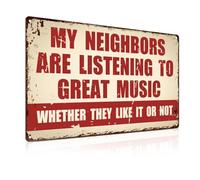 Funny Music Metal Sign,Metal Aluminium Man Cave Accessories Music Gifts Funny Garden Bar Signs,for Garage Office Cafe Outside Wall Painting Room Retro Personalised Decor My Neighbors Are Listening