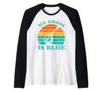 Funny My Grass is Blue Banjo Bluegrass Music Retro Sunset Raglan Baseball Tee