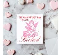 Funny My Valentine's Day Is All Booked Card Square | Cute Cherub Reading Greeting for Book Lovers Librarians Teachers | Humorous Galentine's Novelty - 178