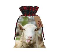Funny Naughty Sheep Tongue Cute Animal Christmas Drawstring Linen Gift Bag Paired With Scottish Plaid Fabric, With A Delicate And Simple Texture