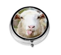 Funny Naughty Sheep Tongue Printed Round Travel Pill Box Cute Small Metal Pocket Pill Case for Men & Women 3 Compartment Portable Pill Organizer for Purse or Pocket
