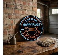 Funny Neon Garage Sign,This is My Happy Place Neon GarageSign,LED NeonSign for Garage & Man Cave,Wrench Design Wall Art for Man Cave,Workshop,Bar & Home,Game Room DecorGift Blue & Orange GlowingSign