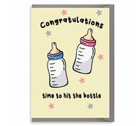 Funny New Baby Card Congratulations Parents Mum Dad Twins Bottle Joke Humour Cute Infant Pun Unisex Design - Time to hit the bottle B1