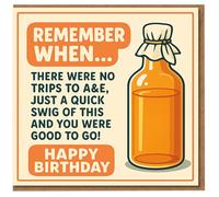 Funny Nostalgic Birthday Card - 'Remember When... No Trips to A&E, Just a Quick Swig' - Retro Medicine Bottle Design - Humour Card for Friends and Family