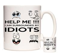 Funny Novelty GIFT Mug. Help I Am Surrounded by Idiots. Funny Faces and Slogan on a Ceramic Gift Mug. Can Be Personalised with a name and or a short message. Imogee workplace humour gift
