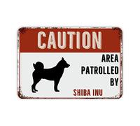 Funny Novelty Metal Sign Retro Wall Decor Caution Area Patrolled By Shiba Inu Signs Warning Sign Caution Safety Sign Traffic Road Sign Aluminum Outdoor Or Indoor Signs For Office Work Home 20x30cm