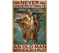 Funny Novelty Metal Sign Retro Wall Decor Never Underestimate An Old Man Who Is Also A Pilot Decor Retro Metal Tin Sign Vintage Aluminum Sign For Home Coffee Wall Decor 14x20cm