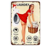 Funny Novelty Metal Sign Retro Wall Decors Laundry Pin Up Girl Sign Wash Dry Press Fold Signs Vintage Aluminum Signs Retro Tin Signs For Home Cafe Bar Garden 14x20cm