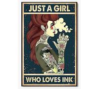 Funny Novelty Metal Sign Retro Wall Decors Tattoos Just A Girl Who Loves Ink Retro Sign Vintage Aluminum Tin Sign For Kitchen Home Cafe Bar 14x20cm