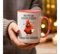 Funny Novelty Mug 15oz, and Here We Fcking Go Again… I Mean Good Morning Coffee Cup,Angry Chicken Mug,Sarcastic Chicken Coffee Cup Gifts for Mom, Sister,BFF, Friends,Coworkers,Boss (Pink)