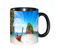 Funny Novelty Mug,Amazing nature and exotic travel destination in Thailand. Thai tourist boat on white sand beach of small tropica,Birthday or Fathers Day Present - Ceramic Coffee Cup, 14oz Black Mug