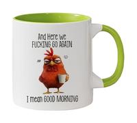 Funny Novelty Mug - Here We F*cking Go Again I Mean Good Morning, Chicken Fun Work Cup for Mom, Sister, BFF, Friends, Coworkers, Boss, Humorous Drinking Mup with Angry Chicken