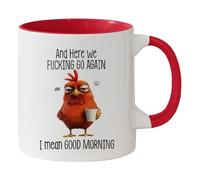 Funny Novelty Mug - Here We F*cking Go Again I Mean Good Morning, Chicken Fun Work Cup for Mom, Sister, BFF, Friends, Coworkers, Boss, Humorous Drinking Mup with Angry Chicken