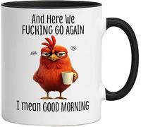 Funny Novelty Mug - Here We F*cking Go Again I Mean Good Morning, Funny Sarcastic Coffee Mug Chicken Fun Work Cup for Mom,Sister,BFF,Friends,Coworkers,Boss,Silly Secret Santa Presents (Black)
