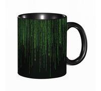 Funny Novelty Mug,Technology binary code. Random falling green digits on screen. Hacked software. Matrix sciense background. Big d,Birthday or Fathers Day Present - Ceramic Coffee Cup, 14oz Black Mug