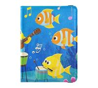 Funny Ocean Music Concert Fish Blue Leather decorative cute passport holder Vaccine Case Protector Cover Passport Case Travel Documents Wallet Ultra Slim, Funny ocean music concert fish blue, One Size