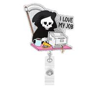 Funny Office Badge Reel Cute Office Skeleton Retractable Badge Holder with Clip for Nurse Medical Worker Teacher I Love My Job Name ID Accessories (Badge 1302)