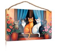 Funny Office Door Signs Five Cats Sit On A Windowsill with Flowers Decorative Signs for Home Decor Front Door Sign Fu(15X28CM)