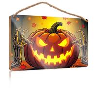 Funny Office Signs A Glowing Jack-o'-Lantern with Skeletal Hands Backyard Decor Funny Home Sign(15X28CM)
