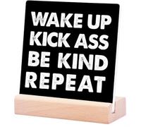 Funny Office Wood Plaque With Wooden Stand,Wake Up Be Kind Repeat Wood Block Sign For Home Shelf Office Tabletop Desk Decor,Humorous Office Desk Decor 4X4Inch