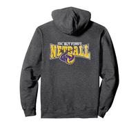 Funny Ok But First Netball Quote Pullover Hoodie, Adult Unisex, Dark Heather Grey, Large