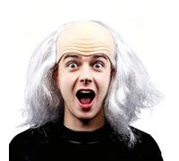 Funny Old Man Bald Wig Novelty Old Woman Half Bald Hair Wigs Crazy Scientist Mad Professor Bald Wig Cap Head Mask Halloween Cosplay Costume Dress up Party Wig Headwear Prop Accessory