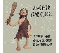 Funny Olde Worlde historical clubbing Stone Age birthday card featuring a man with a club - designed by artist Erica Sturla - 15cm square and blank inside for your message - made in the UK