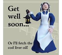 Funny Olde Worlde historical cod liver oil Florence Nightingale get well soon card featuring the lady with the lamp - designed by artist Erica Sturla - 15cm square and blank inside for your message
