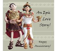 Funny Olde Worlde historical epic love story Mark Antony and Cleopatra anniversary card featuring the ancient lovers - designed by artist Erica Sturla - 15cm square and blank inside for your message