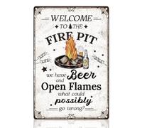 Funny Open Flames Backyard Camping Wall Decor Tin Sign 8" x 12" Welcome to the Fire Pit We Have Beer and Open Flames Metal Sign Vintage Wall Art Poster for Outdoor Backyard Party
