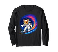 Funny Orange Cat Astronaut Surfing Colorful Rainbow Space Long Sleeve T-Shirt