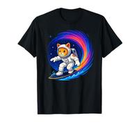 Funny Orange Cat Astronaut Surfing Colorful Rainbow Space T-Shirt