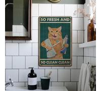 Funny Orange Cat Bathroom Decor Aluminum Metal Sign So Fresh And So Clean Clean Orange Cat Brushing Teeth And Washing Face Funny Metal Posters, 16x12 Inch
