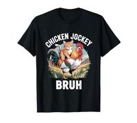 Funny orange cat riding chicken jockey bruh meme T-Shirt